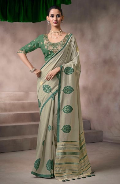 Sea Green Viscose Cottom Zari and Resham Embroidered Saree for Festival