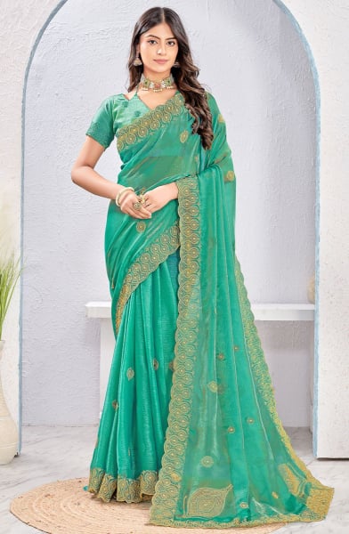 Sea Green Zari Embroidered Fendi Silk Saree