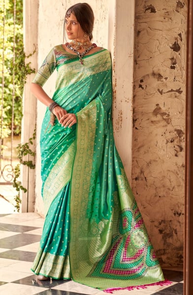 Sea Green Zari Woven Soft Silk Saree