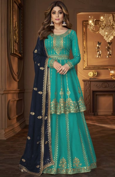 Shamita Shetty Embroidered Georgette Turquoise Lehenga Kameez