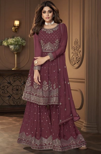 Shamita Shetty Garnet Embroidered Georgette Sarara Kameez