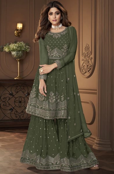 Shamita Shetty Mehendi Green Embroidered Georgette Sarara Kameez