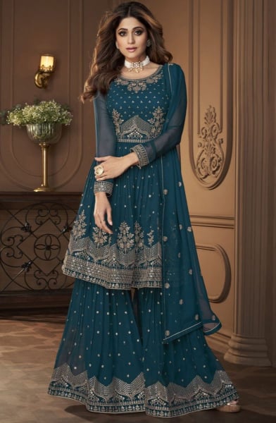 Shamita Shetty Peacock Blue Embroidered Georgette Sarara Kameez
