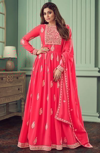 Shamita Shetty Punch Pink nEmbroidered Faux Georgette Anarkali Suit
