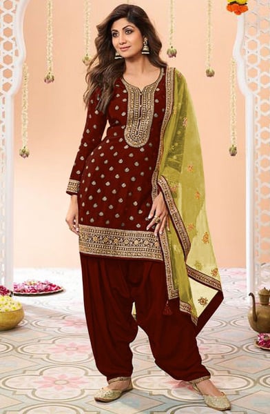 Shilpa Shetty Maroon Viscose Jacquard Silk Patiala Suit
