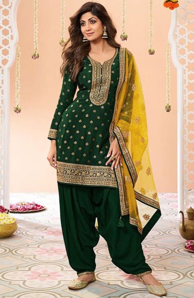 Shilpa Shetty Pine Green Viscose Jacquard Silk Patiala Suit