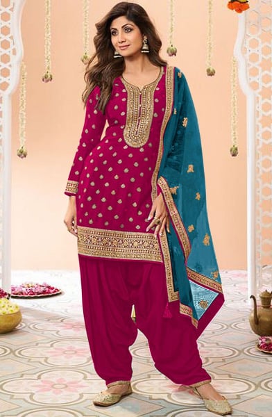 Shilpa Shetty Raspberry Pink Viscose Jacquard Silk Patiala Suit