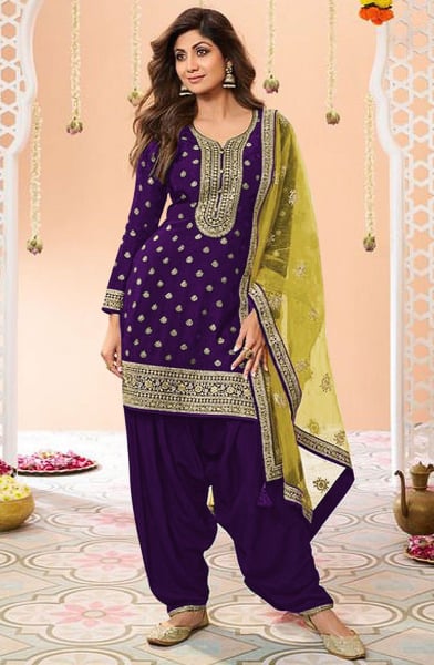 Shilpa Shetty Violet Viscose Jacquard Silk Patiala Suit