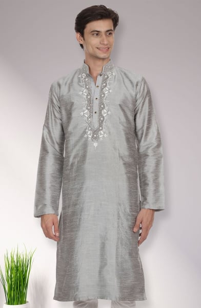 Silver Dupion Silk Men Plus Size Kurta