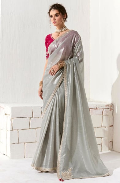 Silver Embroidered Tissue Designer Saree