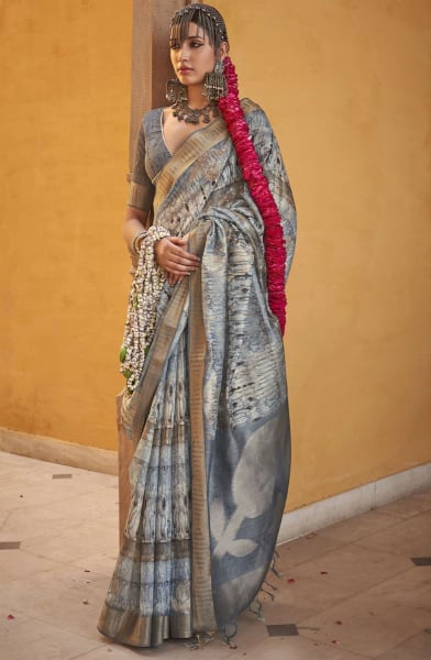 Silver Grey Abstract Print Silk Saree with Weaving