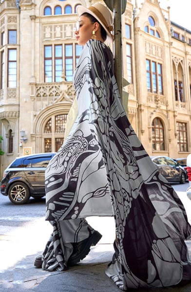 Silver Grey Digital Print Satin Crepe Saree