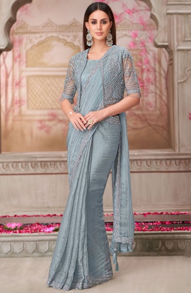 Silver Grey Georgette Saree with Embroidered Blouse