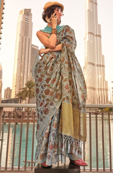 Silver Grey Hand Woven Zari Tissue Saree