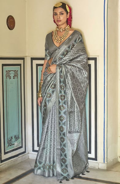 Silver Grey Printed Silk Saree with Weaving