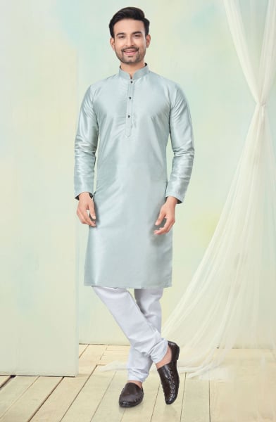 Silver Grey Pure Silk Festival Wear Kurta Set