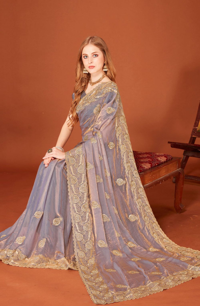 Silver Grey Zari Embroidered Fendi Silk Saree