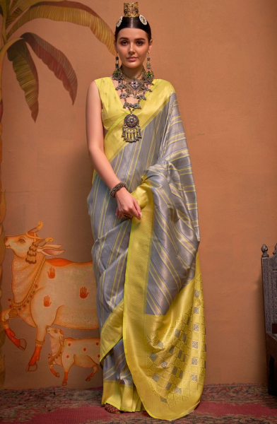 Silver Grey Zari Weaving Silk Saree