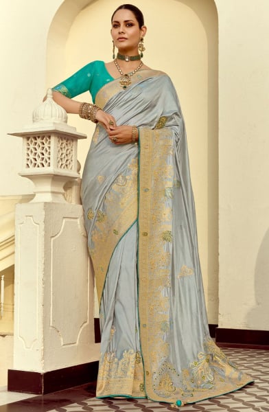 Silver Handwork Dola Silk Saree