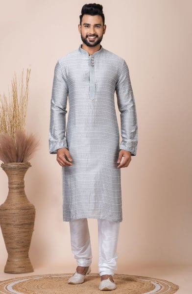 Silver Jacquard Silk Kurta Set