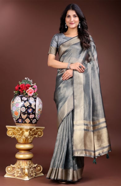 Silver Organza Woven Saree