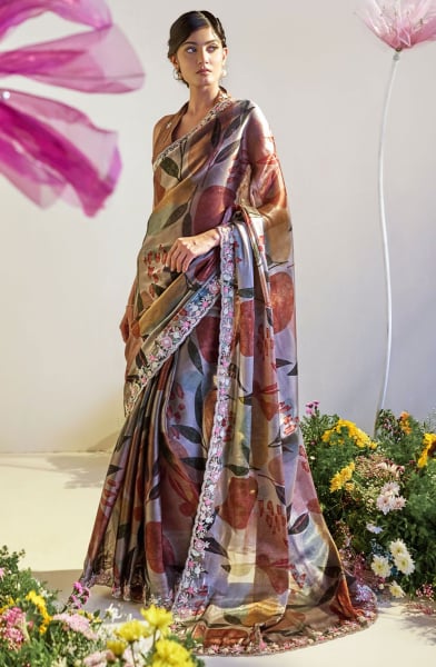 Silver Tissue Organza Digital Print Saree