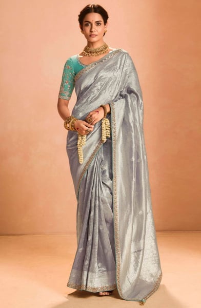 Silver Zari Tissue Silk Designer Saree