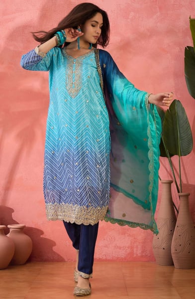 Sky Blue and Royal Blue Embroidered Chinnon Silk Readymade Suit