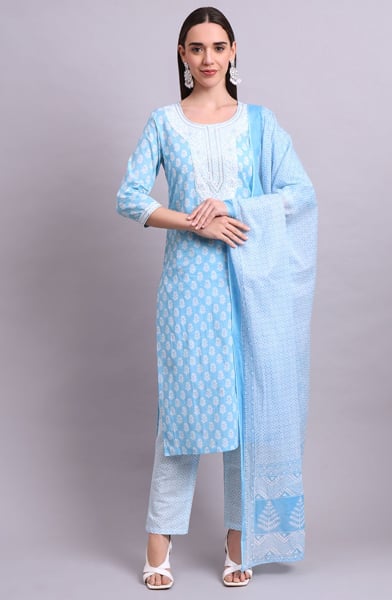 Sky Blue cotton Embroidered Readymade Suit