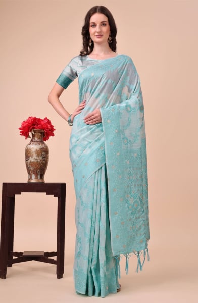 Sky Blue Cotton Printed Saree