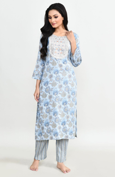 Sky Blue Cotton Readymade Kurti with Bottom