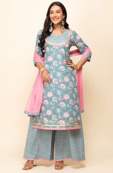 Sky Blue Cotton Readymade Palazzo Kameez