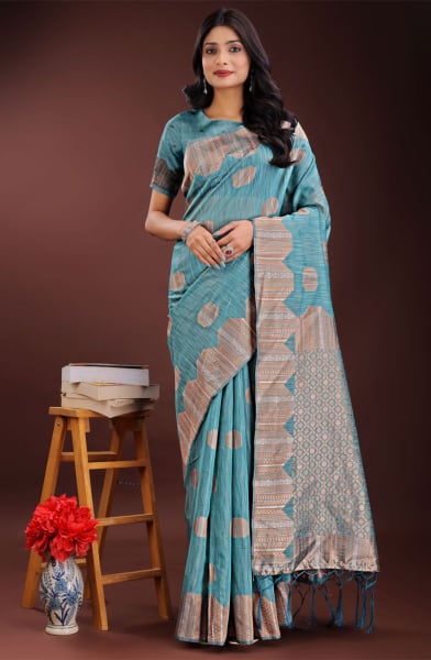 Sky Blue Cotton Woven Saree
