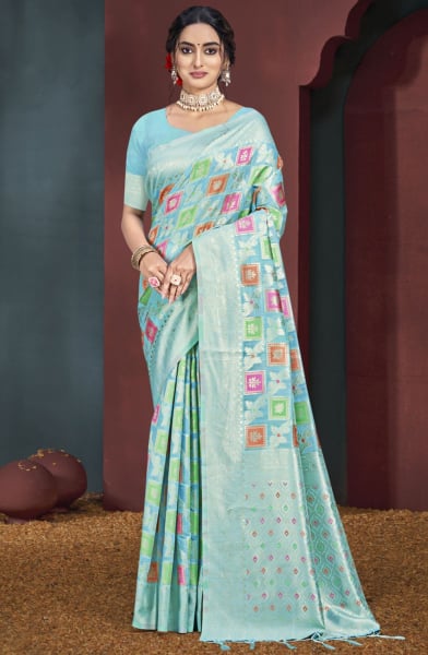 Sky Blue Cotton Woven Work Saree