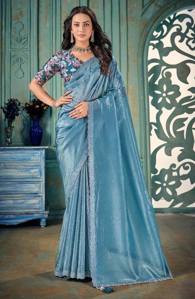 Sky Blue Crush Silk Party Wear Saree