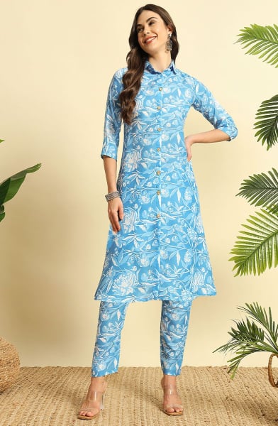 Sky Blue Digital Print Cotton Co-Ord Set