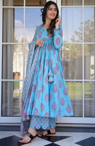Sky Blue Digital Print Muslin Plus Size Suit