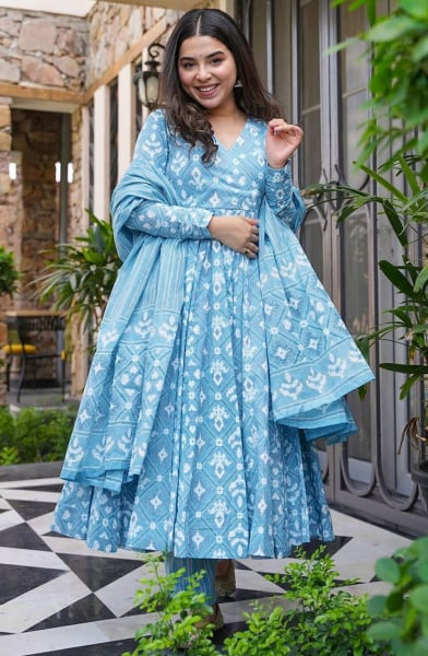 Sky Blue Digital Print Muslin Plus Size Suit