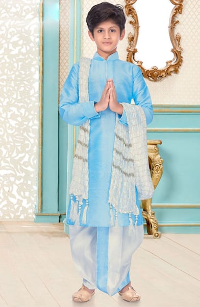 Sky Blue Dupion Silk Kids Dhoti Kurta Set for Festival