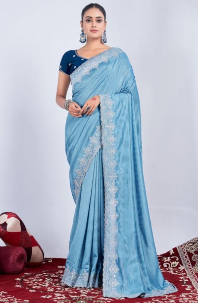 Sky Blue Embroidered Art Silk Saree