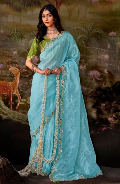 Sky Blue Embroidered Designer Saree for Wedding