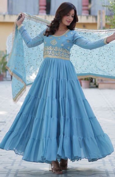 Sky Blue Embroidered Georgette Anarkali Gown with Dupatta