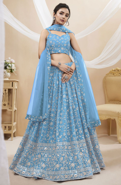 Sky Blue Embroidered Georgette Lehenga Choli for Sangeet
