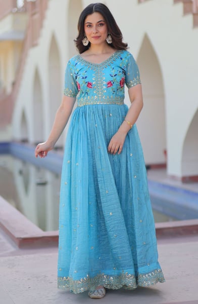 Sky Blue Embroidered Gold Crush Flared Gown