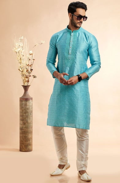 Sky Blue Embroidered Jacquard Art Silk Kurta Set