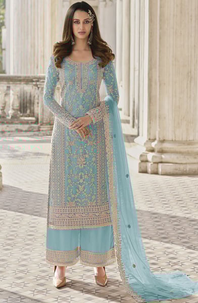 Sky Blue Embroidered Net Palazzo Kameez