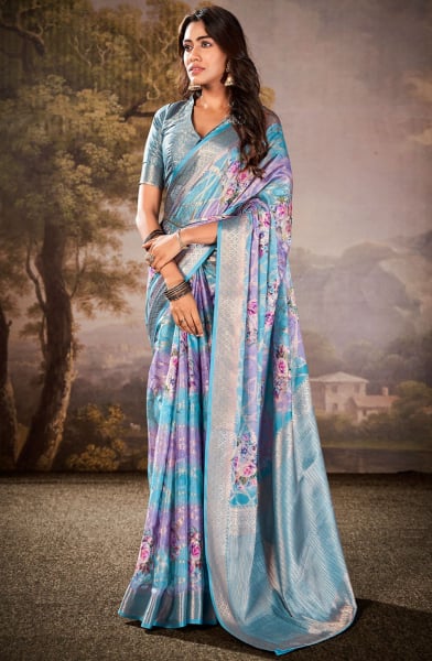Sky Blue Floral Print Cotton Silk Saree