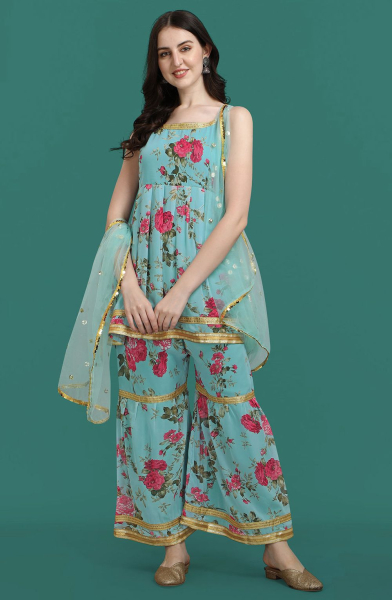 Sky Blue Floral Print Georgette Sarara Kameez
