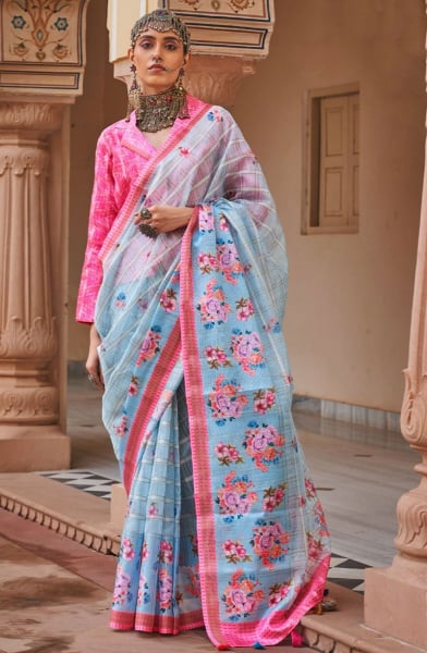 Sky Blue Floral Print Linen Kora Saree