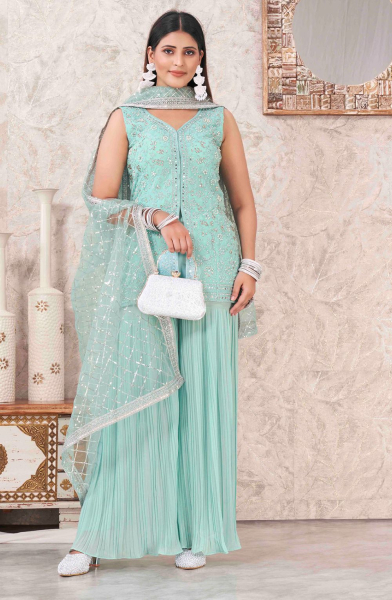 Sky Blue Georgette Embroidered Sarara Kameez Suit